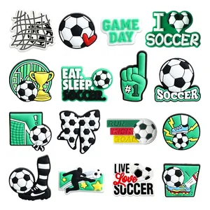 16-piece soccer theme PVC shoe charms set featuring football and trophy decorations