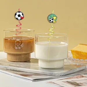 Creative reusable spiral straws with soccer theme cartoon charms and glass cups