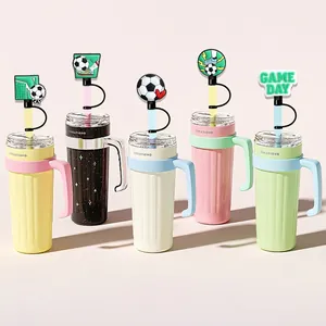 Set of 5 stainless steel tumblers with soccer game day silicone straw cover toppers
