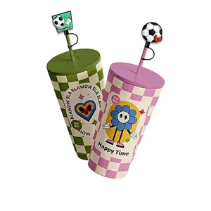Checkered reusable tumblers with soccer ball straw covers and cute cartoon patterns