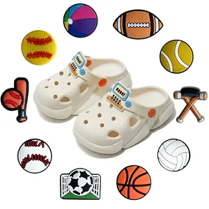 DIY sports-themed shoe charms featuring basketball and soccer on cream clog shoes