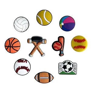 Set of 9 sports-themed PVC shoe charms for clogs including basketball and soccer balls