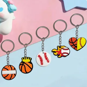 Set of 5 PVC sports keychains featuring basketball and baseball designs in orange and white