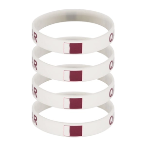 Set of four white silicone Qatar world flag wristbands for sports fans and events