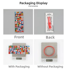 Detail view of Denmark national flag silicone wristband with weight and packaging display
