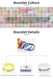 Detailed view of silicone national flag bracelets showing vibrant colors and precise printing