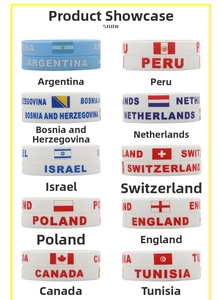 Macro detail of silicone World Cup wristbands featuring national flags and country names