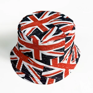 Flat lay of a vintage Union Jack cotton bucket hat with distressed texture on white background