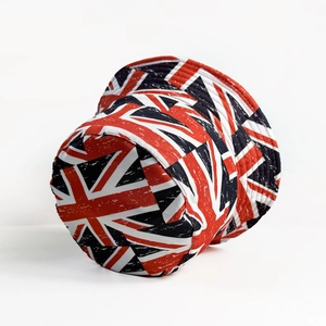 Reversible Union Jack bucket hat with vintage distressed British flag pattern for sun protection