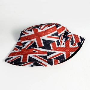 Detail of vintage Union Jack pattern on a cotton bucket hat with distressed texture