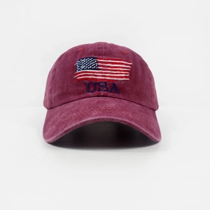 Vintage washed red baseball cap with embroidered American flag and USA lettering