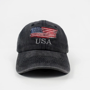 Washed dark grey baseball cap with embroidered USA flag and curved brim for men