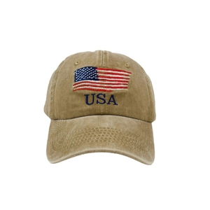 Vintage washed khaki baseball cap with USA embroidery and American flag patch