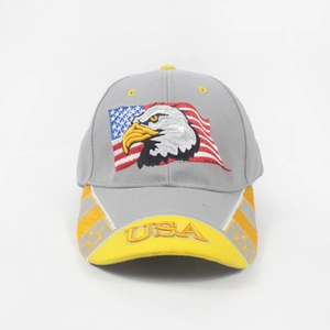 Casquette de baseball grise et jaune avec broderie aigle drapeau USA et texte USA visière