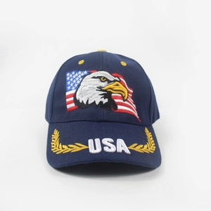 Détail de la broderie aigle avec drapeau américain et texte USA sur casquette marine
