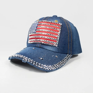 Distressed blue denim baseball cap with rhinestone US flag and sparkling brim detail