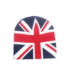 Detailed view of the Union Jack knitted beanie featuring a vibrant red white and blue pattern
