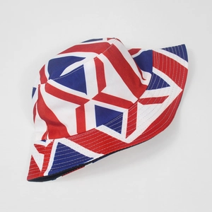 Detail of Union Jack print bucket hat featuring high-quality multi-row brim stitching