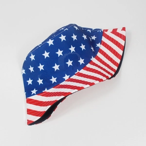 Detail showing the American flag pattern on a reversible cotton bucket hat top view