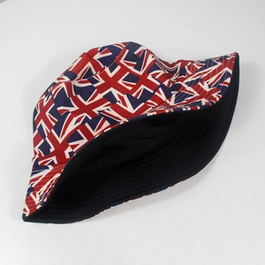 Detailed top-down view of reversible bucket hat with all-over Union Jack flag pattern