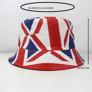 Reversible bucket hat with Union Jack flag print and detailed size measurement guide