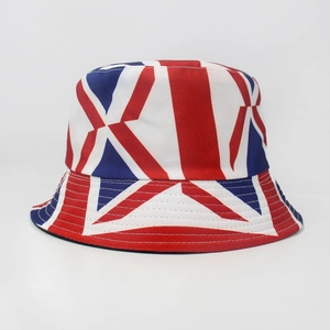 Detail of red, white and blue Union Jack flag print on high-quality canvas bucket hat