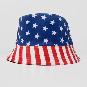 Close-up of stars and stripes pattern on a reversible American flag bucket hat