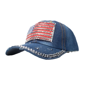 Blue denim baseball cap with American flag rhinestone design at a 45-degree angle view