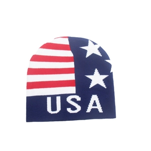 Knitted beanie with US flag design and USA text for winter outdoor skiing