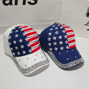 Detail of hand-set rhinestones on American flag baseball cap with twill cotton fabric