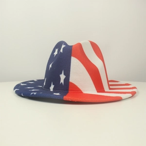 Detailed view of patriotic felt cowboy hat featuring American flag stars and stripes pattern
