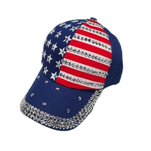 American flag baseball cap with sparkling rhinestones and red white blue star patterns