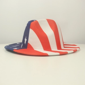 Detail of American flag pattern on felt fedora hat with red white stripes and blue stars