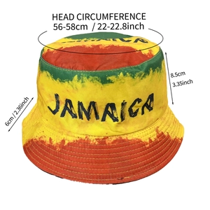 Jamaica flag style bucket hat with red, yellow, and green tie-dye and Jamaica print