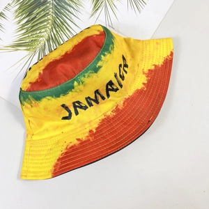 Jamaica flag bucket hat with yellow, red, and green stripes for sun protection