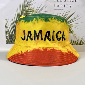 Jamaica flag pattern bucket hat with gradient red, yellow, green and printed text
