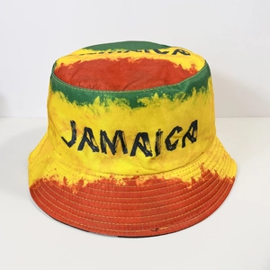 Top down view of Jamaica bucket hat featuring red yellow and green gradient canvas
