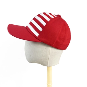 Detailed side view of a red cotton baseball cap with white horizontal stripes on the crown