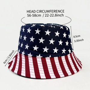 Reversible American flag bucket hat with stars and stripes pattern and dimensions