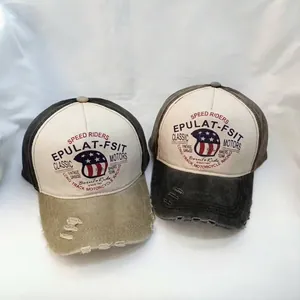 Retro distressed five-panel baseball caps with contrast stitching and vintage motor logo