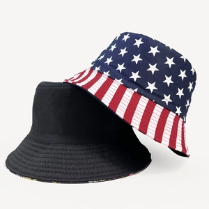 Reversible bucket hat featuring American flag stars and stripes pattern and solid black side