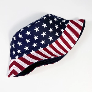 Detailed top view of reversible bucket hat with American flag stars and stripes pattern