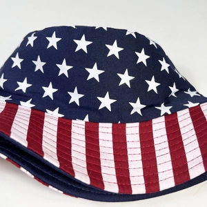 Close-up of stars and stripes pattern on canvas bucket hat with stitching details