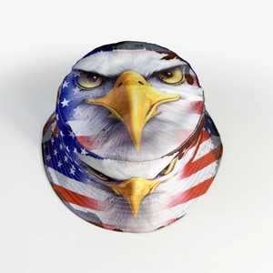 Detail of fishing hat featuring a bold bald eagle print and American flag pattern