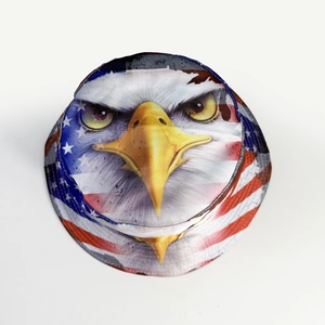 Close-up of the bucket hat featuring a realistic eagle head and US flag pattern design