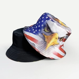 Classic black and US flag eagle print bucket hats for sun protection and outdoor use