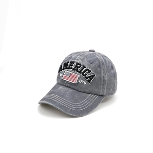 Detailed embroidery of America text and US flag on vintage gray washed cotton baseball cap