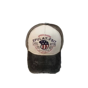 Vintage washed baseball cap in charcoal and cream with distressed rim and retro motor prints