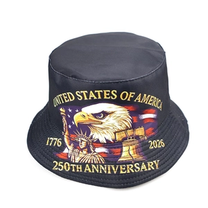 Black bucket hat featuring USA 250th anniversary eagle and flag design on a white background