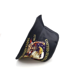 Detail of USA 250th Anniversary eagle and flag print on a black cotton bucket hat